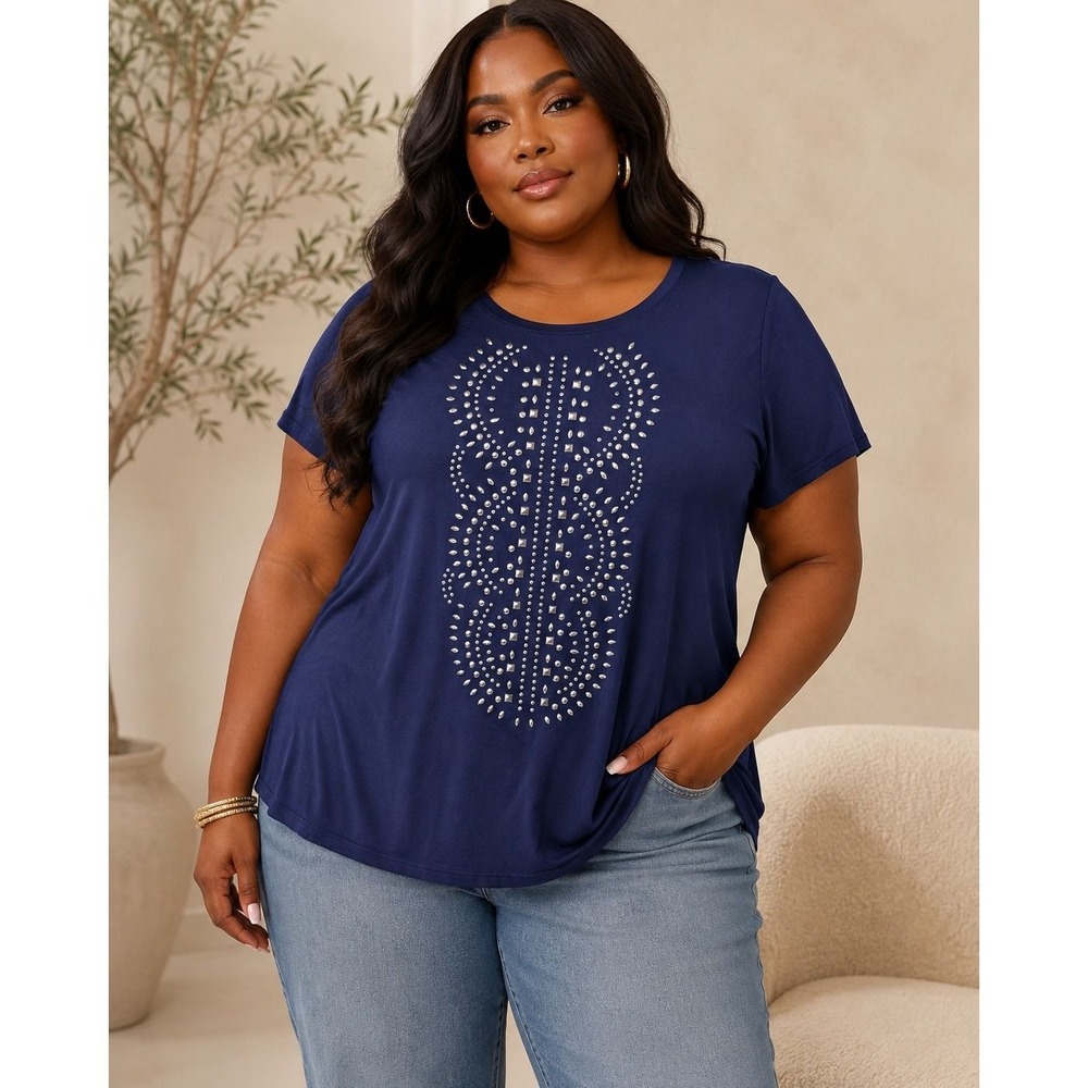 Westport Navy Blue Studded Cold Shoulder Top Plus Size 1X Short Sleeve Blouse